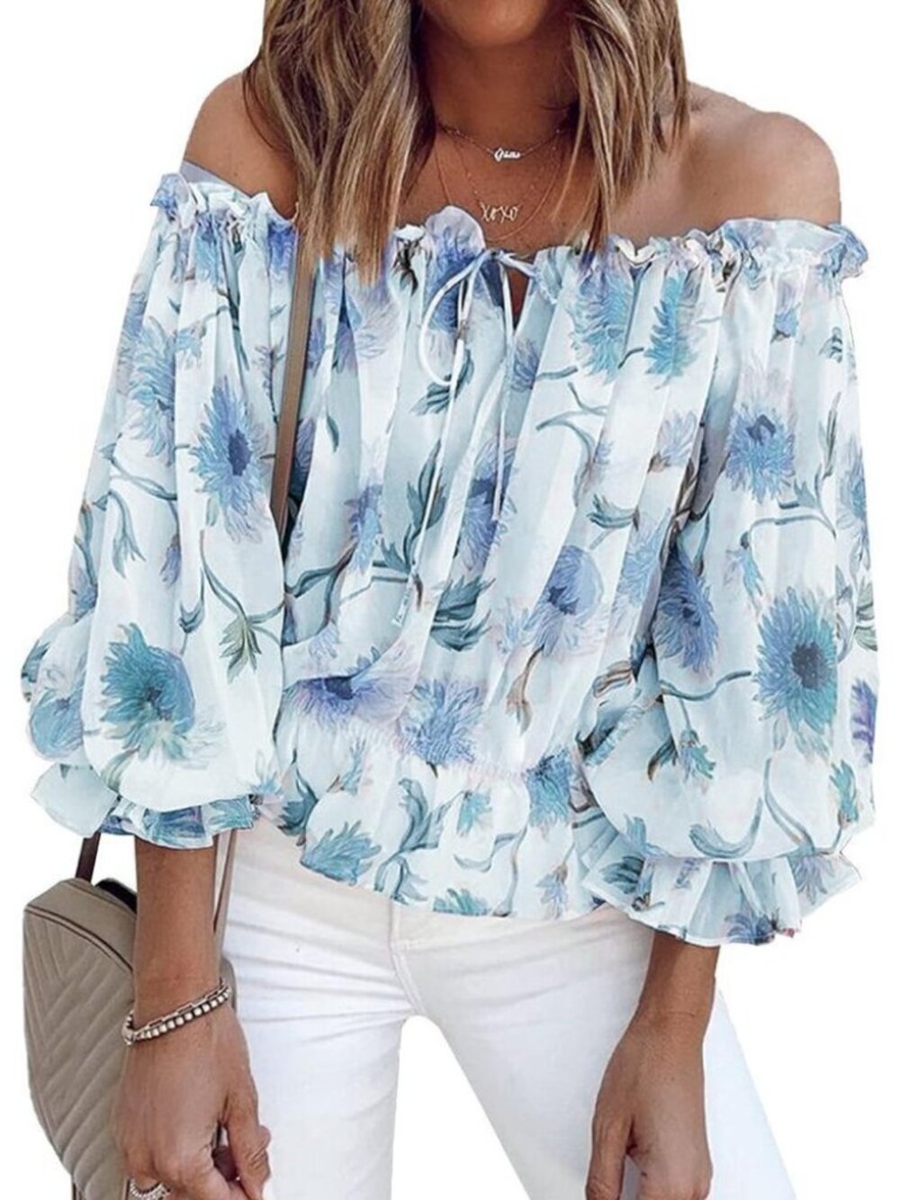 Women's 3/4 Ruffle Sleeve Off Shoulder Chiffon Blouse Summer